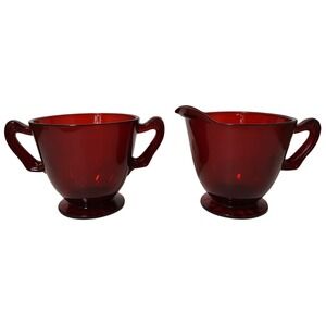 Vintage Anchor Hocking Cream and Sugar Royal Ruby Glass Footed Open‎ Made in USA